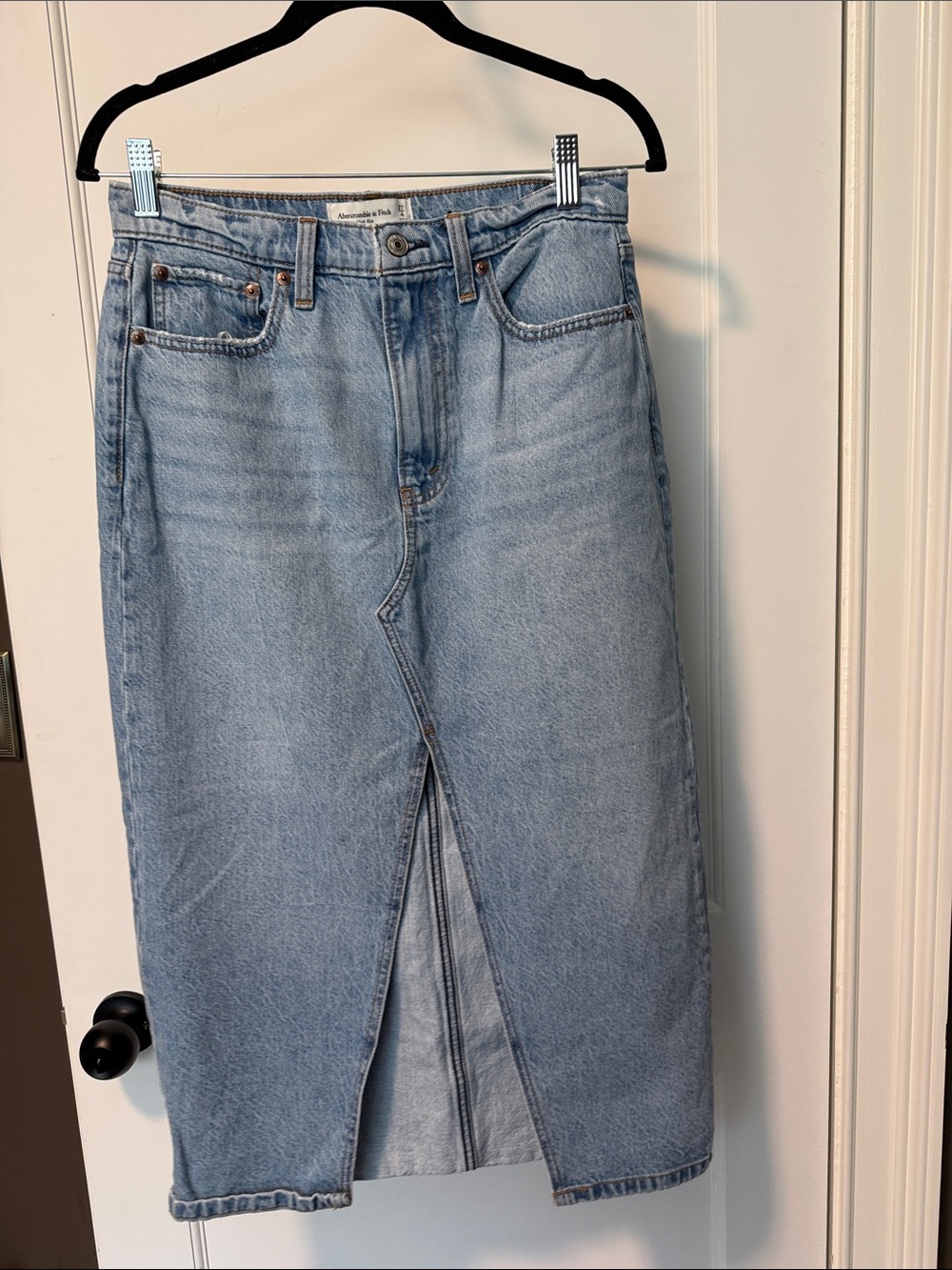 Light Blue Denim Midi Skirt with Front Slit Abercrombie and Fitch